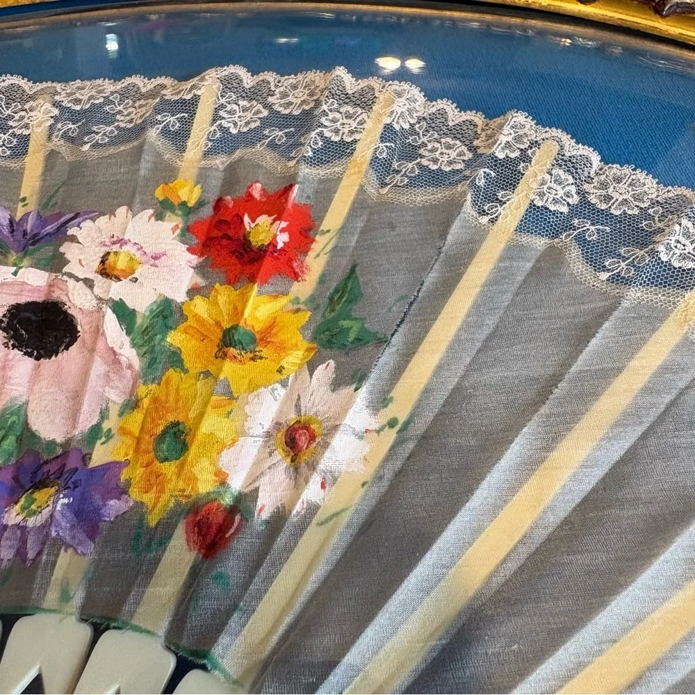 Ornate Victorian Hand Painted Fan In Frame Bubble French Shadow Box Brass Wall